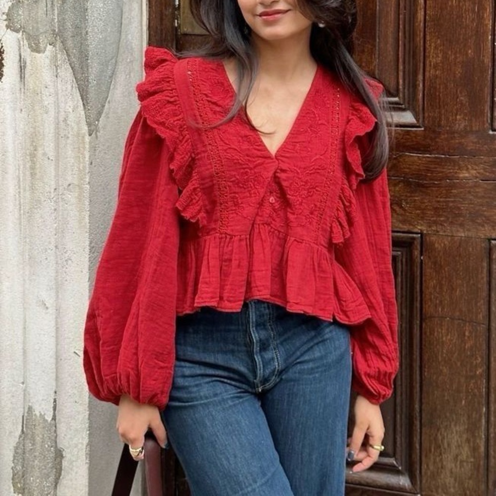 Zara Red Ruffle V-Neck Peasant Blouse